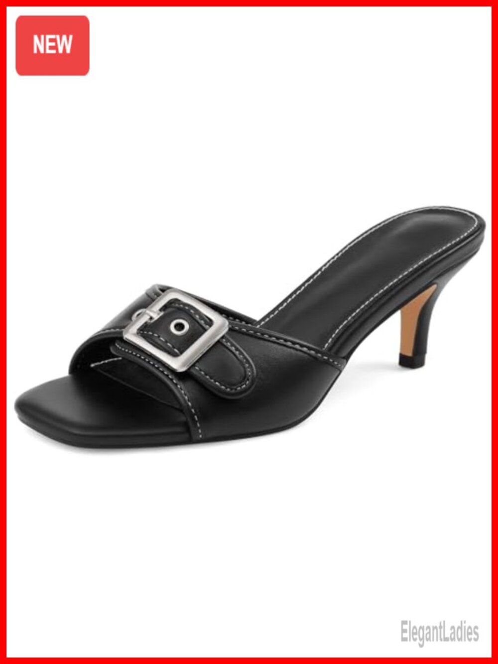 Kitten Heel Square Open Toe Slip On Mule Sandal Faux Leather